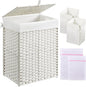 Greenstell Laundry Hamper with Lid, 90L Clothes Hamper with 2 Removable Liner Bags & 2 Mesh Laundry Bags, Handwoven Synthetic Rattan Laundry Basket for Clothes, Toys in Bathroom, Bedroom White