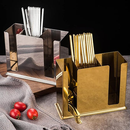 Chinese restaurant Utensil Holder, Stainless Steel Hanging 3 Compartments Mesh Utensil Drying Rack/ Chopsticks/Spoon/Fork/Knife Flatware Storage（Golden）