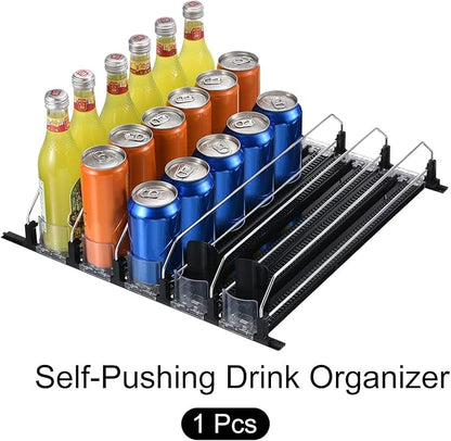 METALLIXITY Soda Can Organizer for Refrigerator (16" x 2.9") 5pcs, Self-Pushing Drink Organizer for Home Fridge, Width Adjustable Drink Dispenser Beverage Pusher for Pantry, Kitchen, Black