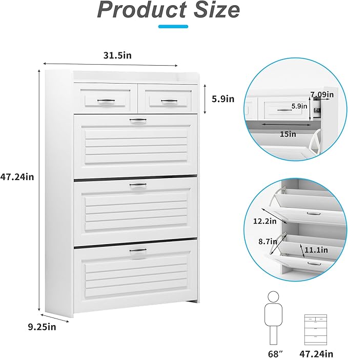 Vibe & Dine Narrow Shoe Organizer Cabinet with 3 Large Flip Drawers & 2 Storage Drawers - Slim Shoe Storage for Entryway, Hallway, Bedroom