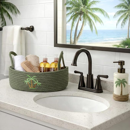 Vesici Coconut Palm Tree Woven Storage Basket for Toilet Tank Top Tropical Beachy Cotton Rope Bathroom Countertop Organizer Basket with Handle Summer Green Bathroom Decor for Bedroom, 13 x 6 x 4 Inch