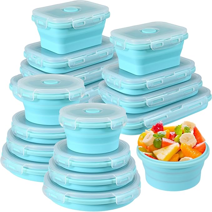 Yaomiao 16 Pack Collapsible Food Storage Containers with Lid Foldable 8 Pcs Rectangle Storage Bowl and 8 Pcs Round Silicone Food Bow for Lunch Camping Rv Accessories Microwave Freezer(Blue)