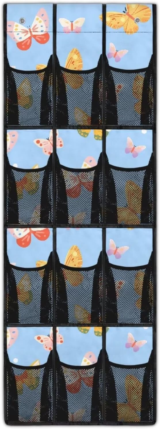 Butterfly Blue Over The Door/Wall Shoe Organizer,Nursery Organization,12 Compartment Breathable Mesh Pocket Over the Door Hanging Shoe Bag,Closet Shoe Hanging Bag,Breathable