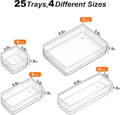 SMARTAKE 25-Piece Drawer Organizer with Non-Slip Silicone Pads, 4-Size Desk Drawer Organizer Trays Storage Tray for Makeup, Jewelries, Utensils in Bedroom Dresser, Office and Kitchen (Clear)