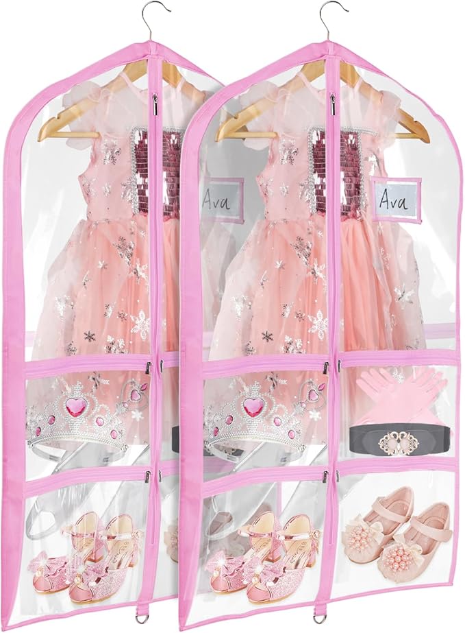 Univivi Clear Garment Bags for Dance Costumes, 40 Inch Dance Costume Garment Bags for Dancers, with 4 Medium Clear Zipper Pockets and 1 Large Back Zippered Pocket (Pink, 2 Pack)
