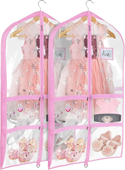 Univivi Clear Garment Bags for Dance Costumes, 40 Inch Dance Costume Garment Bags for Dancers, with 4 Medium Clear Zipper Pockets and 1 Large Back Zippered Pocket (Pink, 2 Pack)