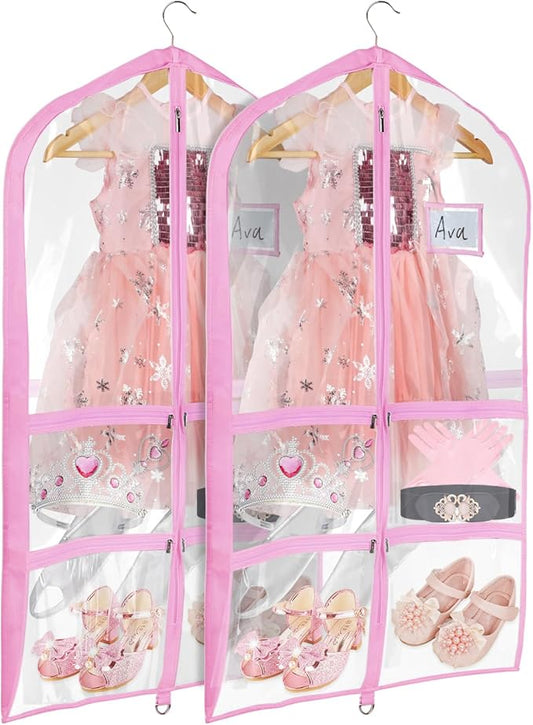 Univivi Clear Garment Bags for Dance Costumes, 40 Inch Dance Costume Garment Bags for Dancers, with 4 Medium Clear Zipper Pockets and 1 Large Back Zippered Pocket (Pink, 2 Pack)