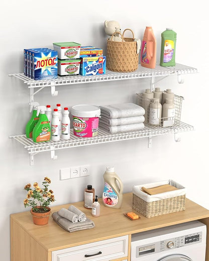 Supforce 4 Pack Closet Shelves with Triangular Brackets and Hanging Rod, 4FT X 12IN Wall Mounted Wire Shelving Orgnizer for Closet,Laundry Room,Pantry,Load Up to 150lb, White