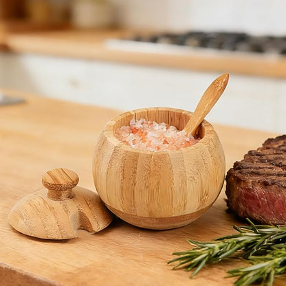 Bamboo Salt Cellar with Lid and Spoon, 1/2 Cup Wooden Spice Box Storage Container for Kitchen and Restaurant Countertop, Organizes Himalayan Pink, Kosher, Sea Salts & Herbs