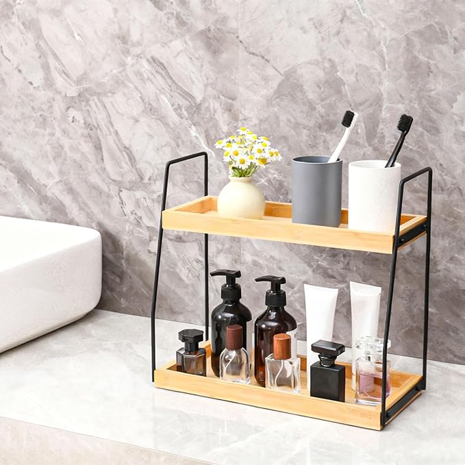 Bamboo Bathroom Counter Organizer, Wooden Bathroom Sink Countertop Organizer, 2 Ties Vanity Counter Top Shelf, Dresser Skincare Storage Rack