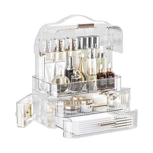 LINFIDITE Cosmetics Storage Box Transparent Lid Large Makeup Organizer Box Drawers Portable Handle Waterproof Dustproof Skincare Display Cases for Countertop, Bathroom, Dresser, PET,Clear Green