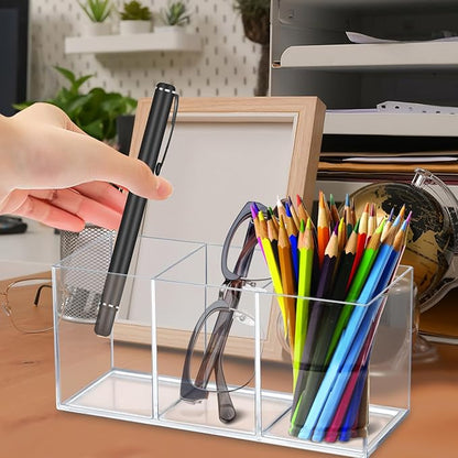 2 Pack Clear Makeup Brush Holder, 3 Compartment Plastic Pen Organizer, Acrylic Silverware Caddy for Storage Desk Vanity Pencil Utensil Marker Cutlery (Clear)