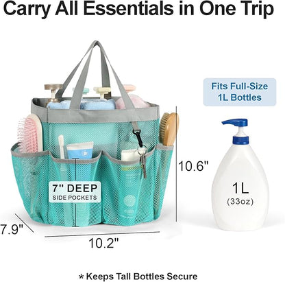 F-color Mesh Shower Caddy Portable, Upgrade Deeper 7 Pockets Shower Bag Basket Bag for College Dorm Room Toiletry Bathroom Essentials Gym Camp Quick Dry 2 handles with S Hook, Mint Green