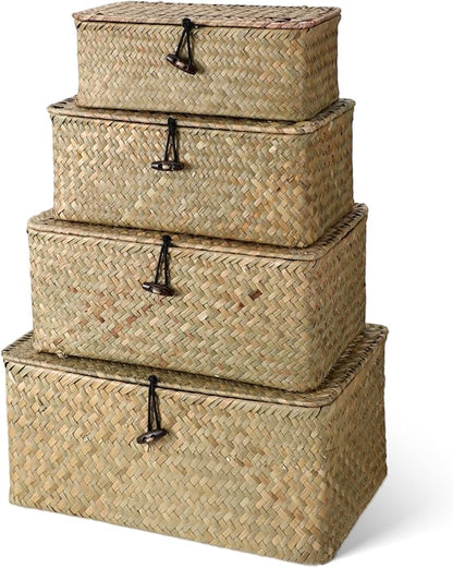 Woanger Set of 4 Wicker Baskets with Lids, Nautral Seagrass Storage Baskets, Woven Rectangular Basket Bins, Rattan Storage Organizer for Shelf Closet Bedroom(Natural Color)