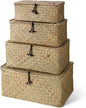 Woanger Set of 4 Wicker Baskets with Lids, Nautral Seagrass Storage Baskets, Woven Rectangular Basket Bins, Rattan Storage Organizer for Shelf Closet Bedroom(Natural Color)