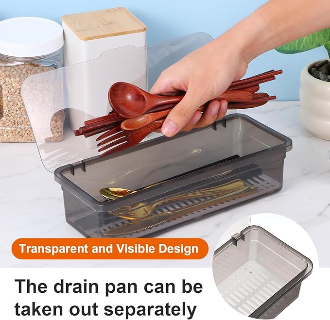4 PCS Flatware Tray with Lid and Drainer, Silverware Tray with Lid, Plastic Utensil Drawer Organizer, Clear Grey Cutlery Storage Container for Kitchen Home Travel