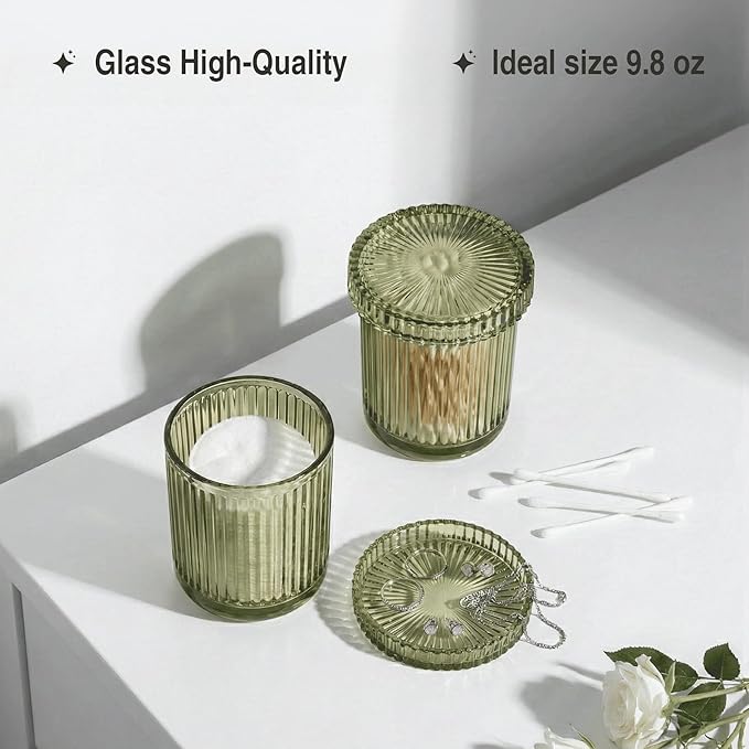 2 Pack Qtip Holder - Apothecary Jars with Lids, Bathroom Organizers and Storage Canister for Cotton Balls,Swabs,Floss Picks,Hair Ties,Clear Glass Vintage Bathroom Decor Jar Set (green2)