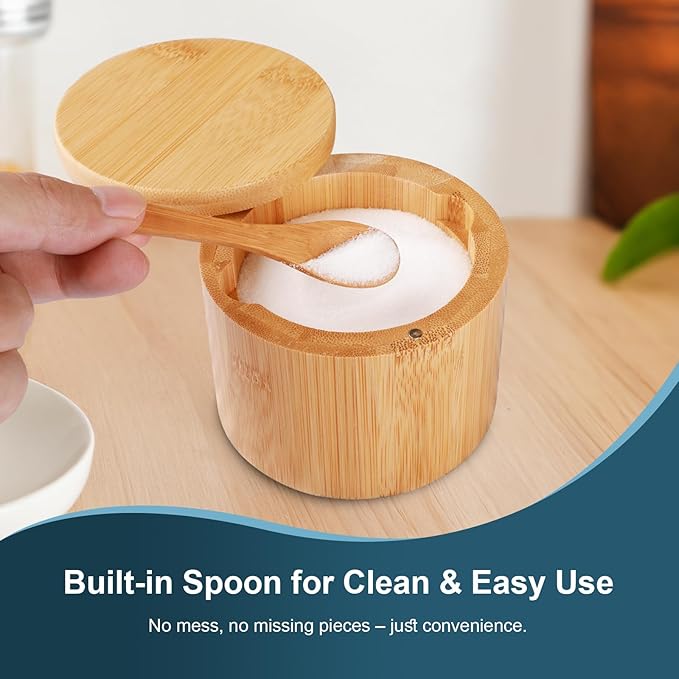 Timtopno Bamboo Salt Cellar, 2 PCS Salt Container with Built-in Spoon, Salt Box Bowl with Magnetic Swivel Lid, Elegant Kitchen Salt Holder Saver Jar to Storage Pepper Spice Sea Salt for Countertop