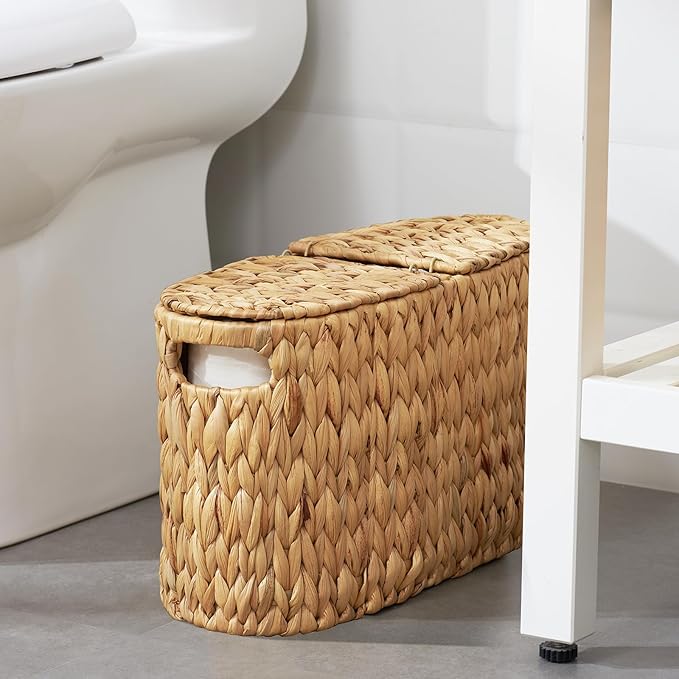 Toilet Paper Basket with Lid for 6 Rolls, Water Hyacinth Wicker Toilet Paper Storage Holder, Toilet Paper Storage for Bathroom