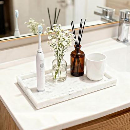 Pure Natural Marble Tray for Bathroom, Dresser, Sink. Cosmetics, toiletries, perfumes, Jewelry, Candles, etc. can be Placed (Starry White, 12" x 8" x 1.2")