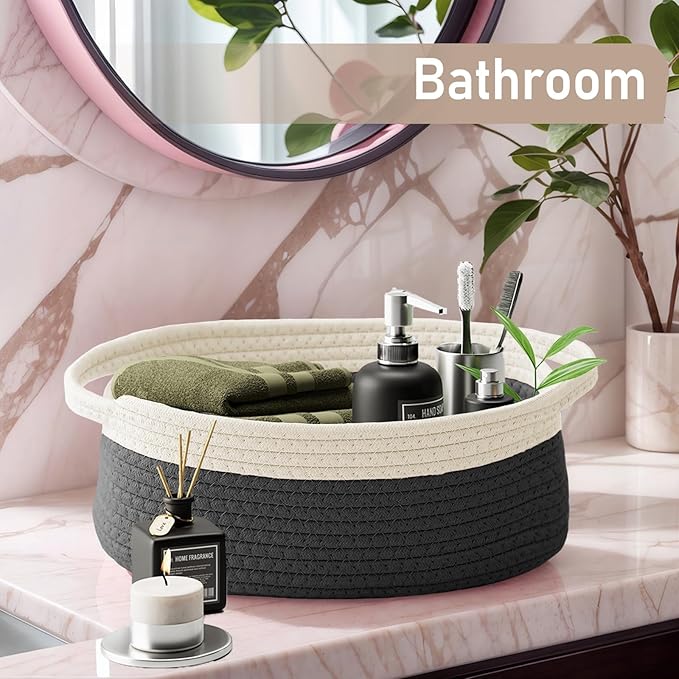 JMvicyroam Woven Basket,Small Rope Storage Bin with Handles & Ribbon Bag, Organizer for Shelves Closets,Gift Basket Empty for Birthday,Books,Dog Toys, White&Black