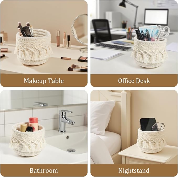 HEAVYWOOD Macrame Makeup Brush Holder Organizer 3.9x3.9 Mini Makeup Containers Boho Small Round Storage Basket Tassels Fringe Decorative Pencil Holder Set of 2 (Cream, 3.9x3.9)