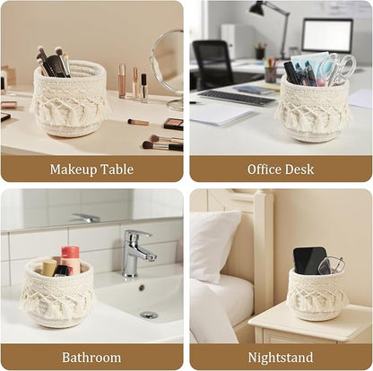 HEAVYWOOD Macrame Makeup Brush Holder Organizer 3.9x3.9 Mini Makeup Containers Boho Small Round Storage Basket Tassels Fringe Decorative Pencil Holder Set of 2 (Cream, 3.9x3.9)