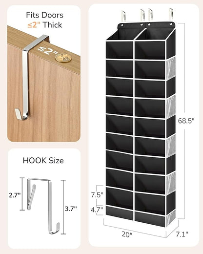 ULG Over The Door Shoe Organizer for Closet Fit 24-32 Pairs with Large Deep Pockets, Narrow Shoe Rack for Door Hanging Boots Storage, Black