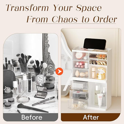 Small Makeup Organizer with Drawers, Stackable Bathroom Couneter Organizer with Phone Holder, Versatile Vanity Organizer Countertop, Cosmetic Organizer for Makeup Brush, Skin Care, Lotion -White,2Pack