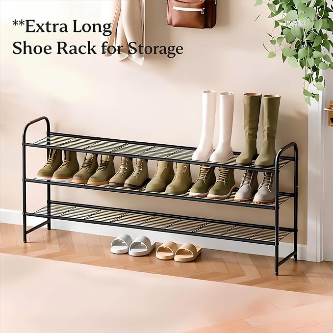 Ekisemio 3-Tier Long Metal Shoe Rack, Wide Stackable Shoe Organizer for Closet & Entryway, with Sturdy Wire Grid Storage Shelf for Bedroom, Black