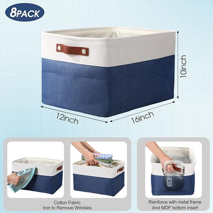 Uiifan 8 Pack 16 x 12 x 10 Inch Large Storage Baskets Collapsible Fabric Storage Cubes Bins with Handles for Shelves Closets Nursery Home Clothes Toys Organizers, Blue