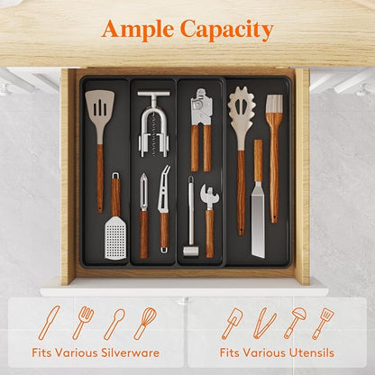 Lifewit Utensil Organizer for Kitchen Drawer, Expandable Cooking Silverware Tray, Adjustable Cutlery Flatware Holder, Plastic Spatula Tools Storage Divider, 17.3 x 15.8", Black