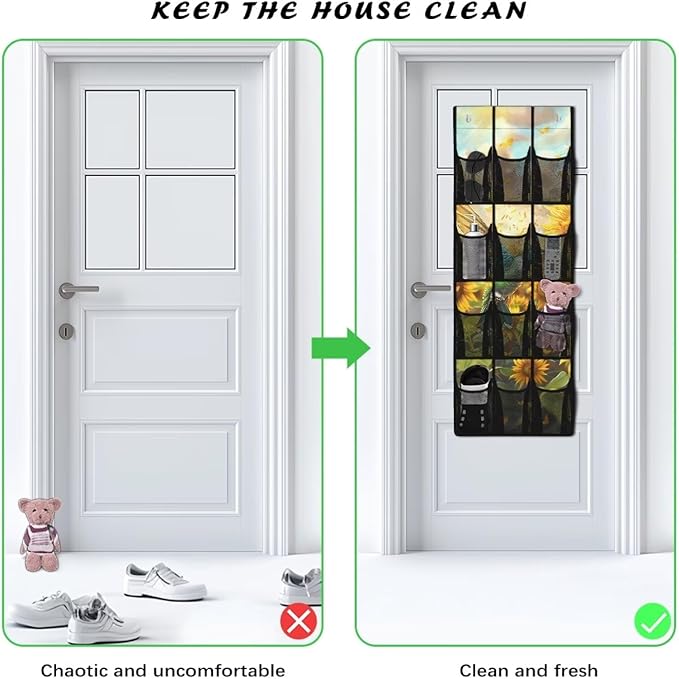Sunflower Bird Over the Door Hanging Organizer for Closet - Large Storage Bags with Metal Hooks, Space Saving Home Organization