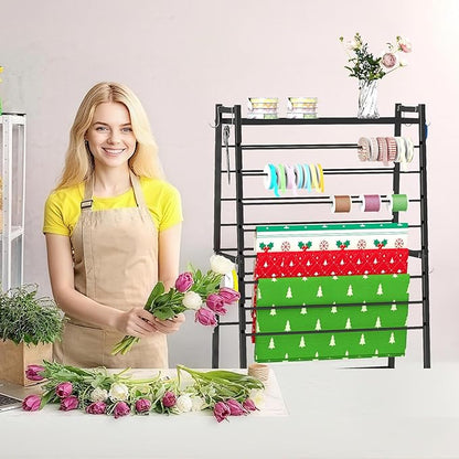 lukar Ribbon Holder, Rolling Ribbon Storage Organizer Rack for Craft Room, 16 Tier Metal Ribbon Holder Organizer Rack, Christmas Ribbon Storage Rack for Home Flower Shops