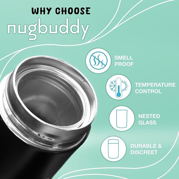 nugbuddy Mini Airtight Storage Container - Vacuum Sealed Insulated w Nested Glass Jar - UV Protection, Temperature Controlled Stainless - Whiteboard Finish w Marker Included - 100 ml