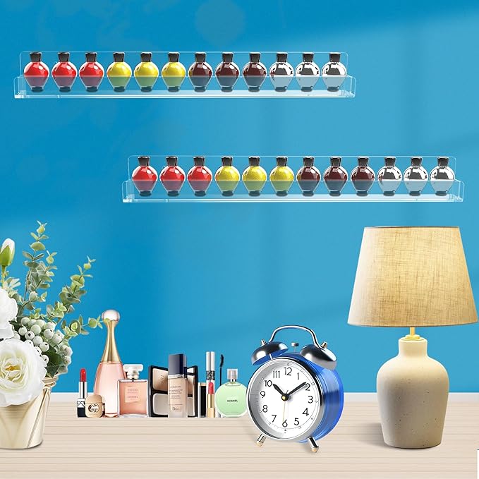 Nail Polish Shelf Wall 15 Inch Acrylic Clear Rack Sunglass Organizer Multi-Purpose Floating Shelves for Beauty Salons Retailer Dressing Room (9 PCs)