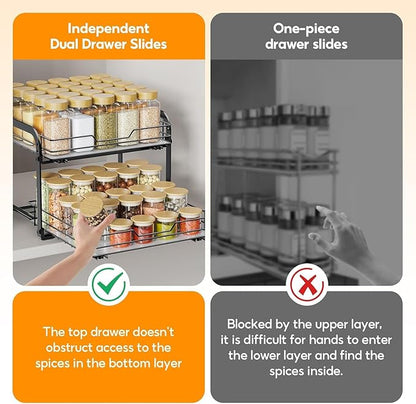 Pull Out Spice Rack Organizer for Cabinet, 2 Tier Spice Rack Organizer for Cabinet, Heavy Duty Slide Out Seasoning Kitchen Organizer, Hold 60 Spice Jar with Labels, 13.58''Wx10.5''Dx9.5''H, Black