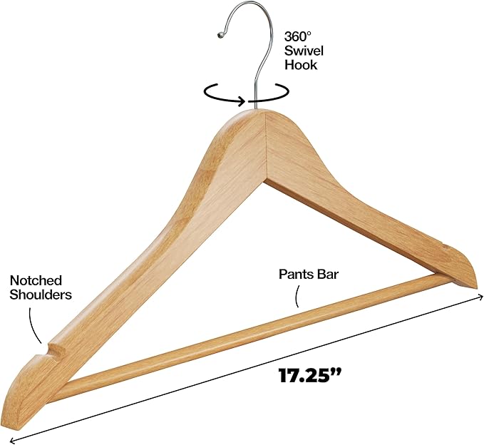 Home It Wooden Hangers 30 Pack - Natural Wood Durable Heavy Duty Coat Hangers Non Slip for Jacket, Shirt, Pants and Suit - Premium Solid Clothes Hangers for Closet with Chrome Swivel Hook