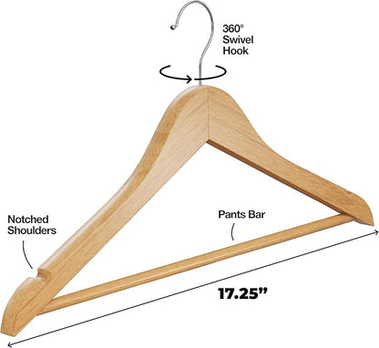Home It Wooden Hangers 30 Pack - Natural Wood Durable Heavy Duty Coat Hangers Non Slip for Jacket, Shirt, Pants and Suit - Premium Solid Clothes Hangers for Closet with Chrome Swivel Hook