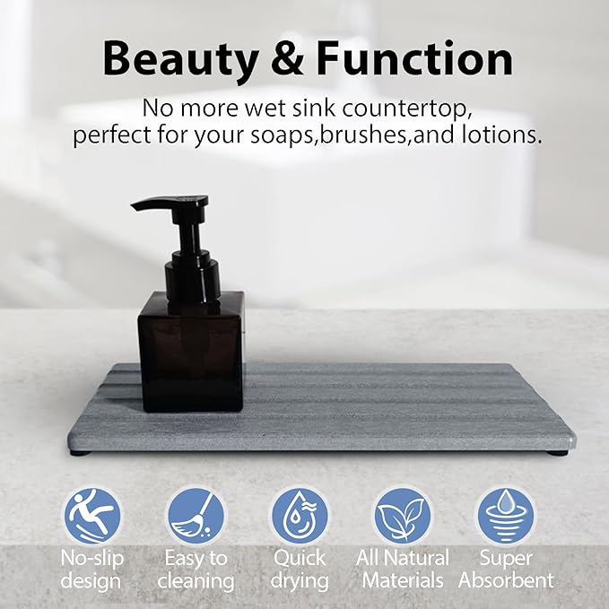 Diatomite Soap Dish, Water Absorbing Stone Tray, Kitchen Sink Organizer, Fast Drying Counter Holder (Grey, 9.5" x 4.7"/24 x 12cm)