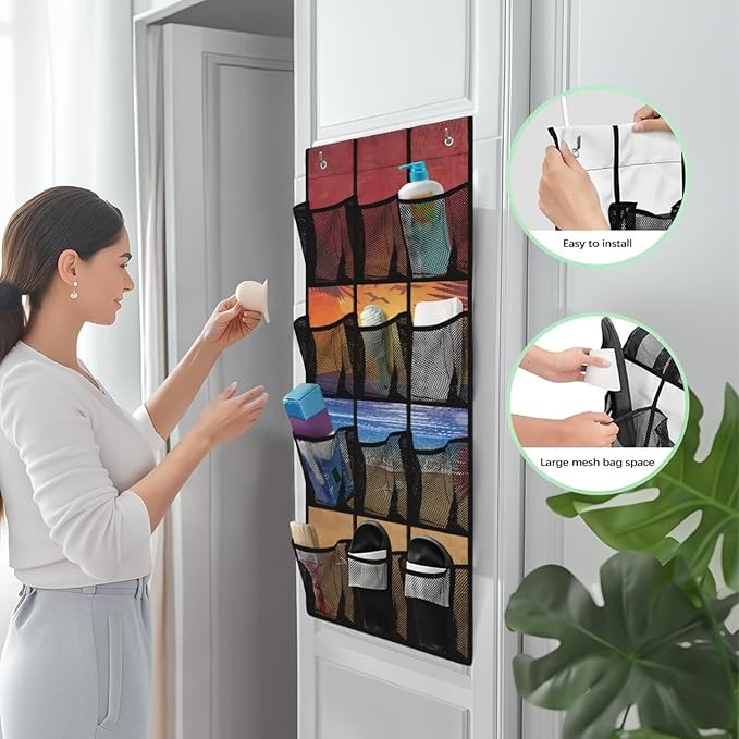 Generic Sunset Beach Over The Door Shoe Organizer Large Pockets Storage Door Organizer Multi-Layer Pocket Structure to Meet The Storage Needs of Different Items for Mom Dad Housewives
