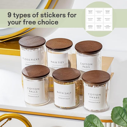 Yaomiao 6 Cotton Pad Holder Bathroom Container, 10 oz Cotton Ball Swabs Dispenser, Clear Plastic Apothecary Jar Organizer with Bamboo Lids for Storage Floss Pick Makeup(Dark Brown)