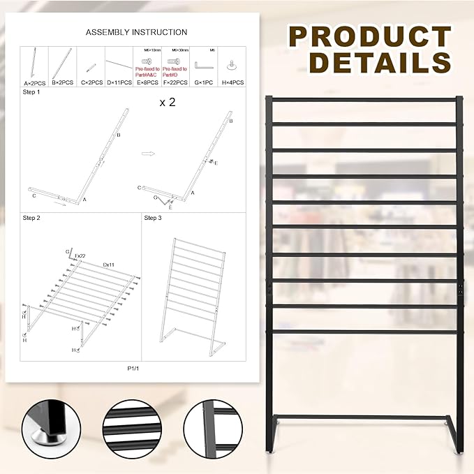 Hijab Organizer, 10 Tier Metal Scarf Holder Organizer, Freestanding Scarf Shawl Display Stand Belt Holder for Boutique, Retail Store, Bedroom, Clothing Store(Black,57" X 31.5" X 15.75")