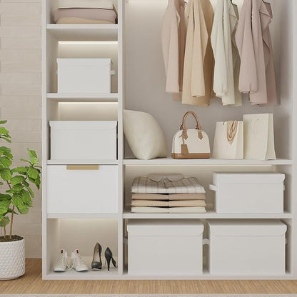 Fabric Storage Bin with Lid, Closet Boxes with Cover, Collapsible Stackable Organizer Basket with 2 Handles, for Home and Bedroom, 2 Pack, White, 10.2 x 7.9 x 6.7 In, XSNY12WS-2