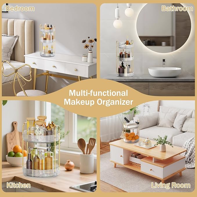 MOKANI 360 Rotating Makeup Organizer for Vanity, 2 Tier Adjustable Perfume Organizer for Dresser, Multi-Function Spinning Cosmetics Skincare Storage for Bedroom, Dresser, Countertop, Clear