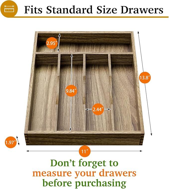 Kiasthome Acacia Wood Silverware Drawer Organizer, Kitchen Utensil Cutlery Drawer Organizer with Grooved Dividers, Flatware Organizer Silverware Tray Holder for Spoon, Fork, 11''x13.8'' (5 Slots)