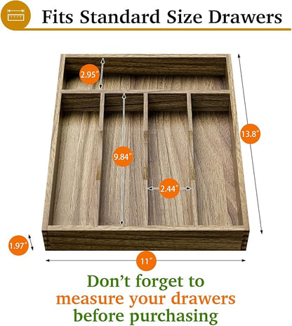 Kiasthome Acacia Wood Silverware Drawer Organizer, Kitchen Utensil Cutlery Drawer Organizer with Grooved Dividers, Flatware Organizer Silverware Tray Holder for Spoon, Fork, 11''x13.8'' (5 Slots)