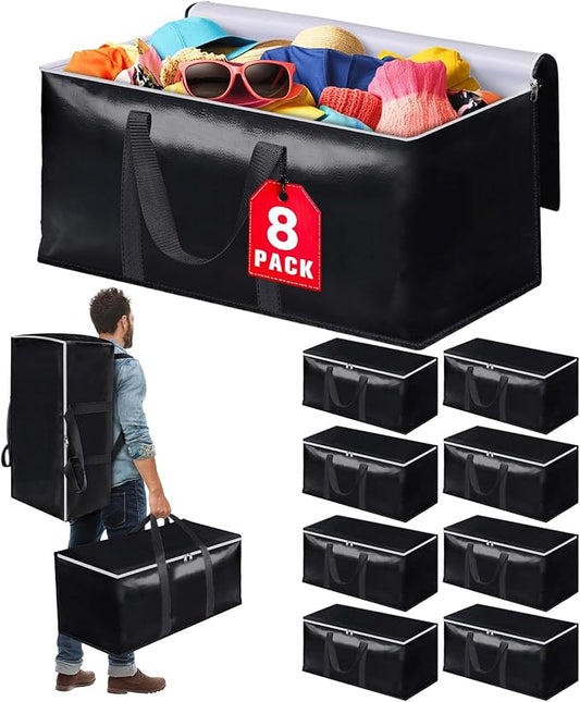 StoreHappily Heavy-Duty & Extra Capacity Moving Bags with Backpack Straps, Storage Totes with Double Zipper & Strong Handles, Packing Bags Alternative to Moving Boxes, Moving Supplies (8 Pack, Black)