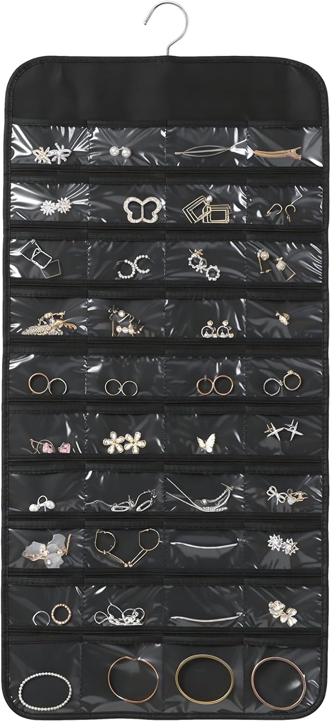 Black Hanging Jewelry Organizer, 80 Pockets Double-Sided, Wall Door Closet Storage for Earrings Necklaces Rings