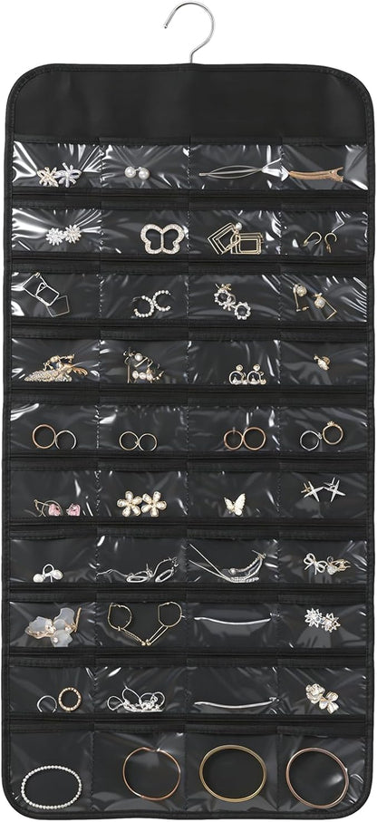 Black Hanging Jewelry Organizer, 80 Pockets Double-Sided, Wall Door Closet Storage for Earrings Necklaces Rings
